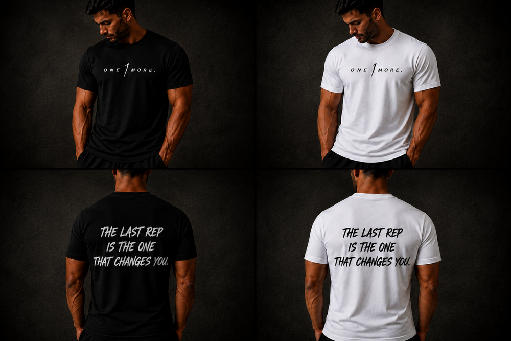 The Last Rep tee in black and white, front and back