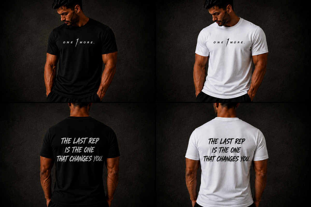 The Last Rep tee in black and white, front and back