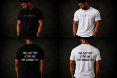 The Last Rep tee in black and white, front and back